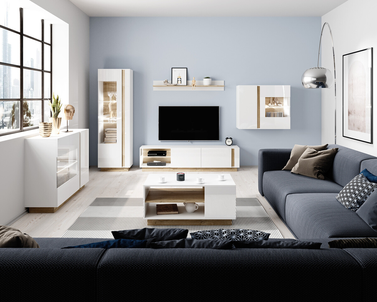 TV-meubel Novbela 108 (Wit + Glanzend wit + Kleinzoon eik)