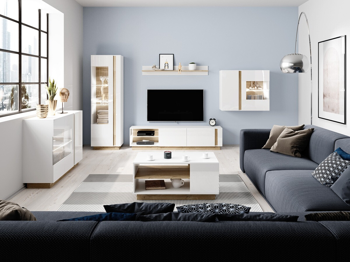 Wandplank Novbela 112 (Wit + Glanzend wit + Kleinzoon eik)