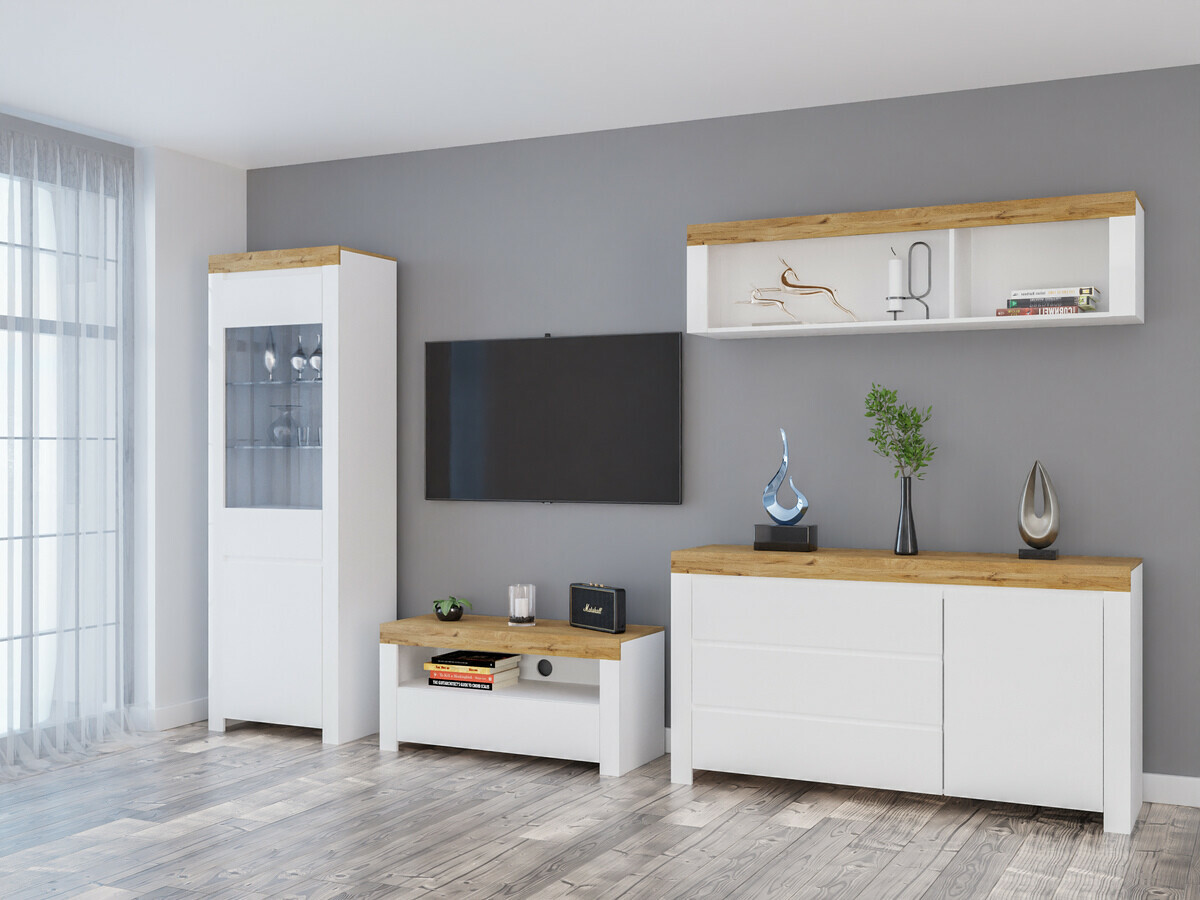 Woonkamerset Sonsoru 144 (Wit + Glanzend wit + Wotan eik)