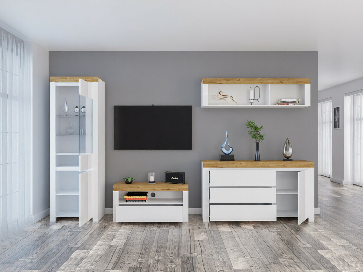 Woonkamerset Sonsoru 144 (Wit + Glanzend wit + Wotan eik)