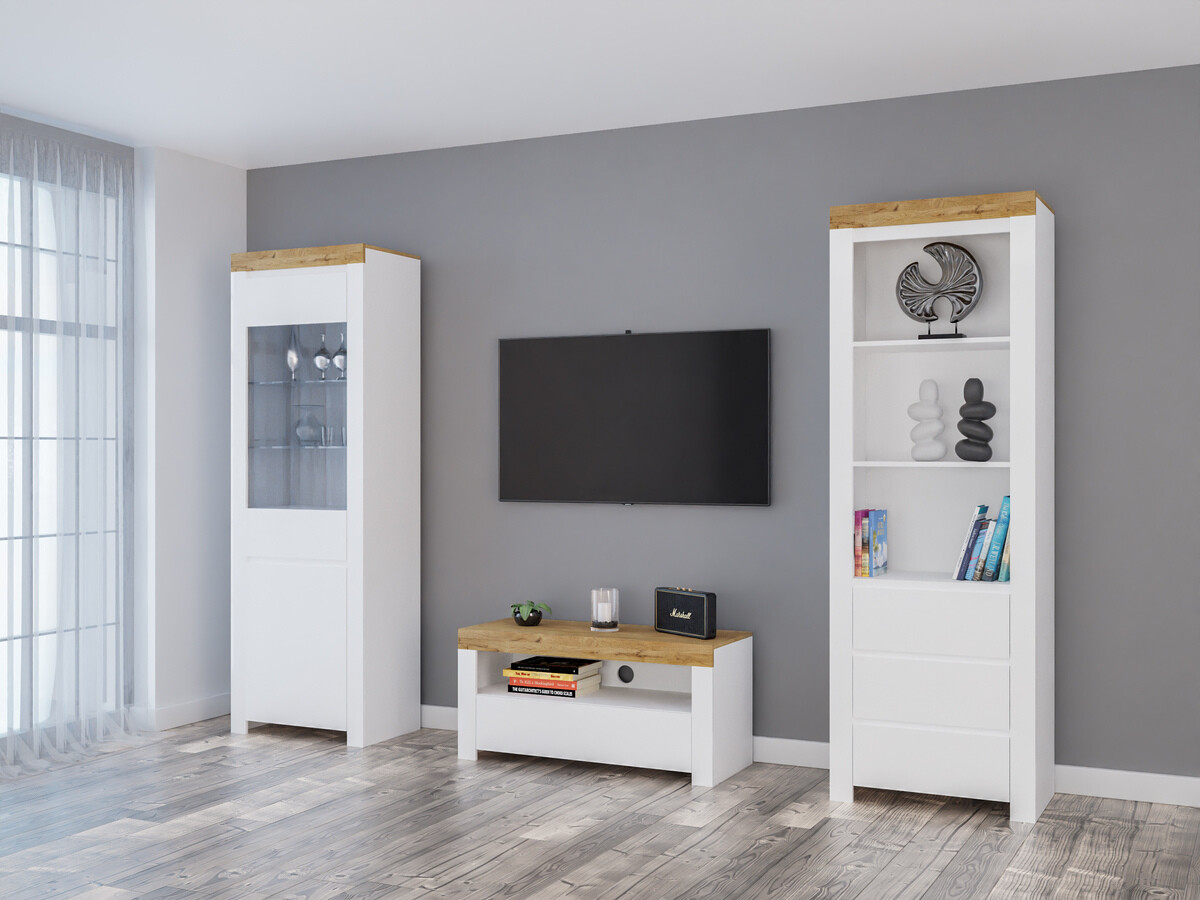 Woonkamerset Sonsoru 145 (Wit + Glanzend wit + Wotan eik)