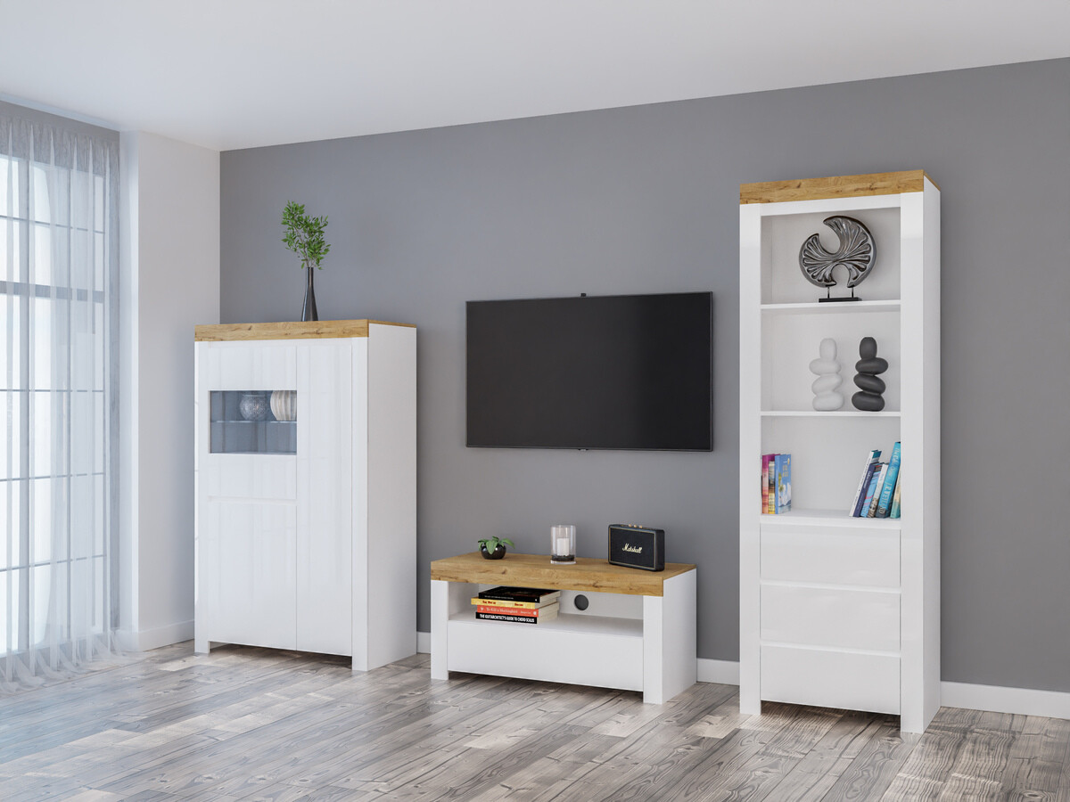 Woonkamerset Sonsoru 146 (Wit + Glanzend wit + Wotan eik)