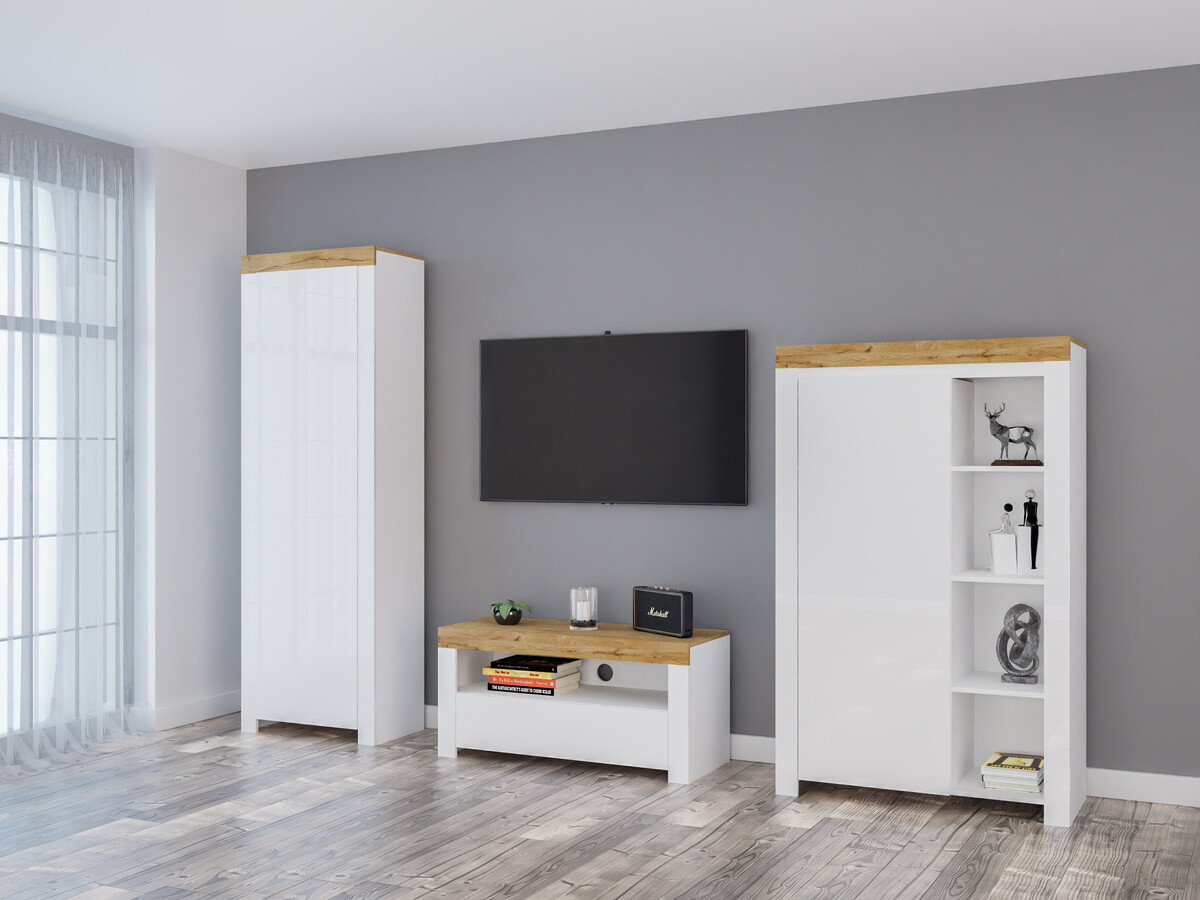 Woonkamerset Sonsoru 147 (Wit + Glanzend wit + Wotan eik)