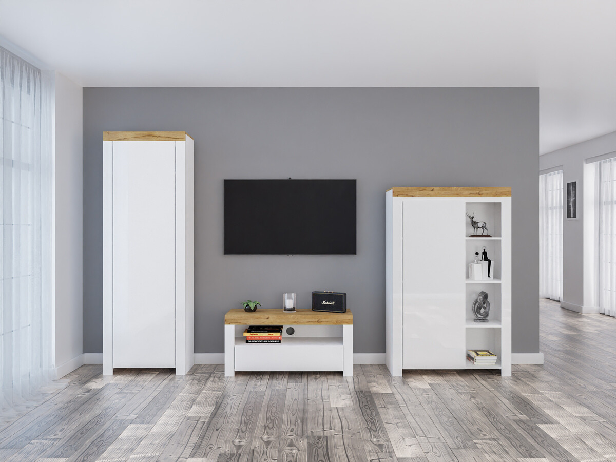 Woonkamerset Sonsoru 147 (Wit + Glanzend wit + Wotan eik)