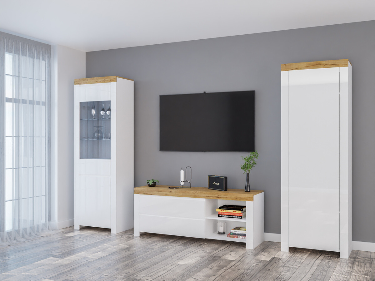 Woonkamerset Sonsoru 148 (Wit + Glanzend wit + Wotan eik)