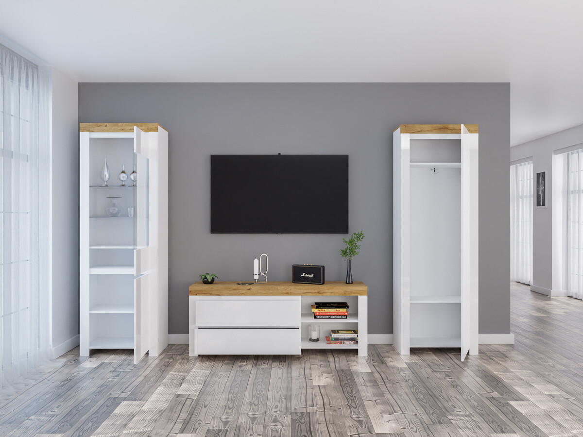 Woonkamerset Sonsoru 148 (Wit + Glanzend wit + Wotan eik)