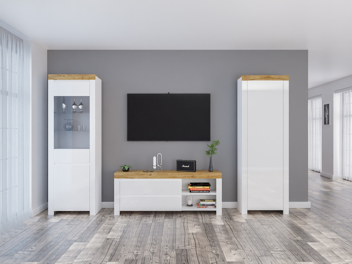 Woonkamerset Sonsoru 148 (Wit + Glanzend wit + Wotan eik)