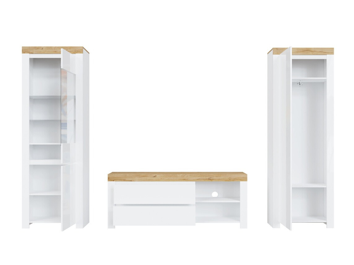 Woonkamerset Sonsoru 148 (Wit + Glanzend wit + Wotan eik)