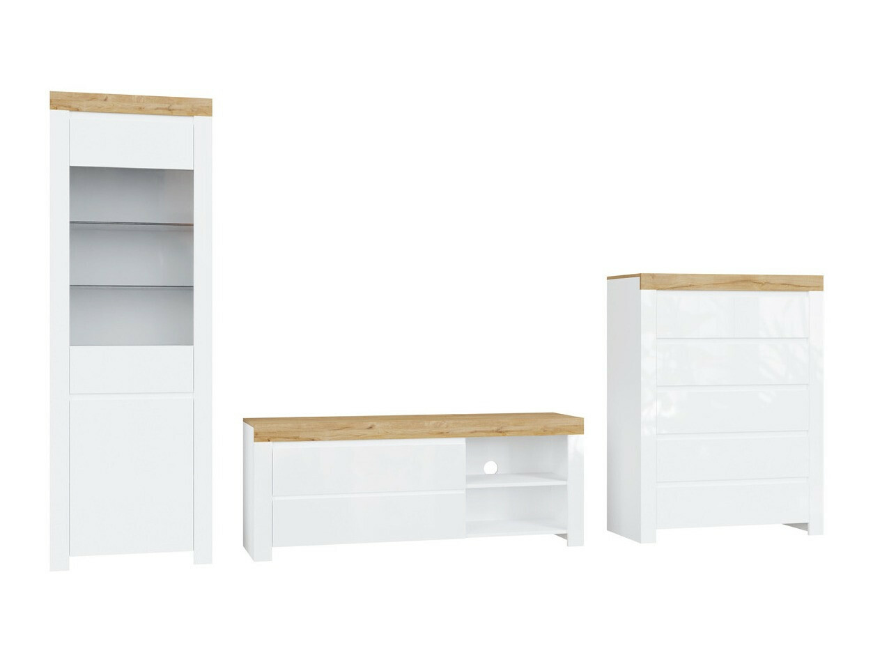 Woonkamerset Sonsoru 149 (Wit + Glanzend wit + Wotan eik)