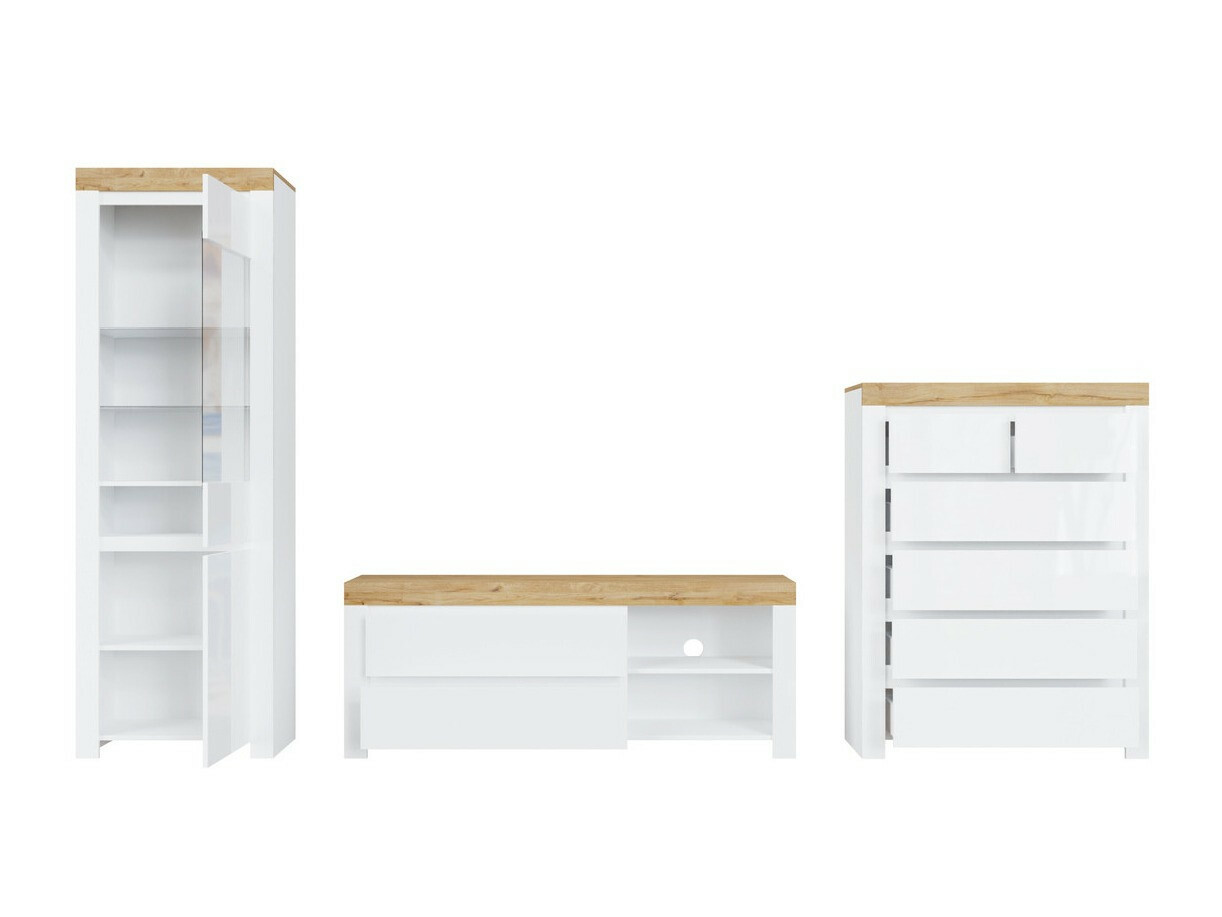 Woonkamerset Sonsoru 149 (Wit + Glanzend wit + Wotan eik)