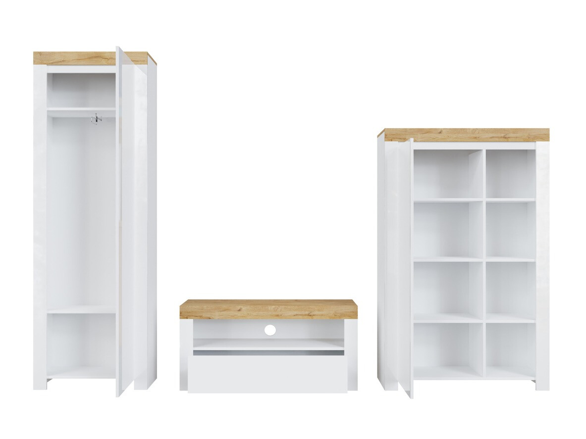 Woonkamerset Sonsoru 147 (Wit + Glanzend wit + Wotan eik)