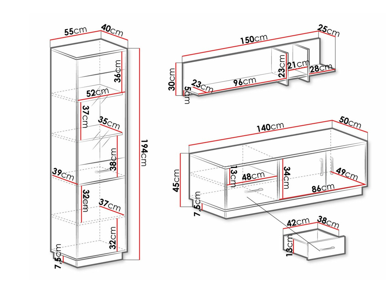 Woonkamerset Omaha T129 (Wit + Licht eiken)