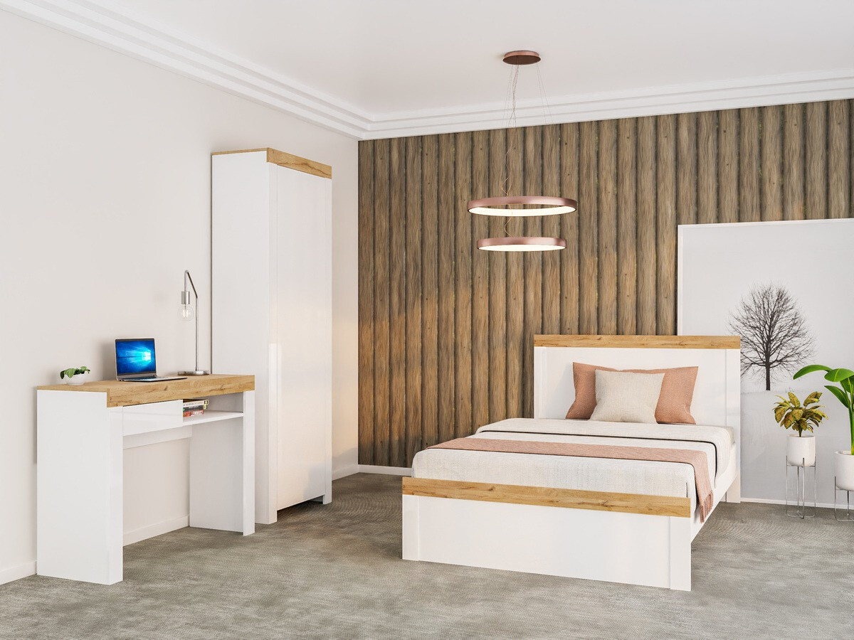 Bed Sonsoru 115 (Wit + Glanzend wit + Wotan eik)