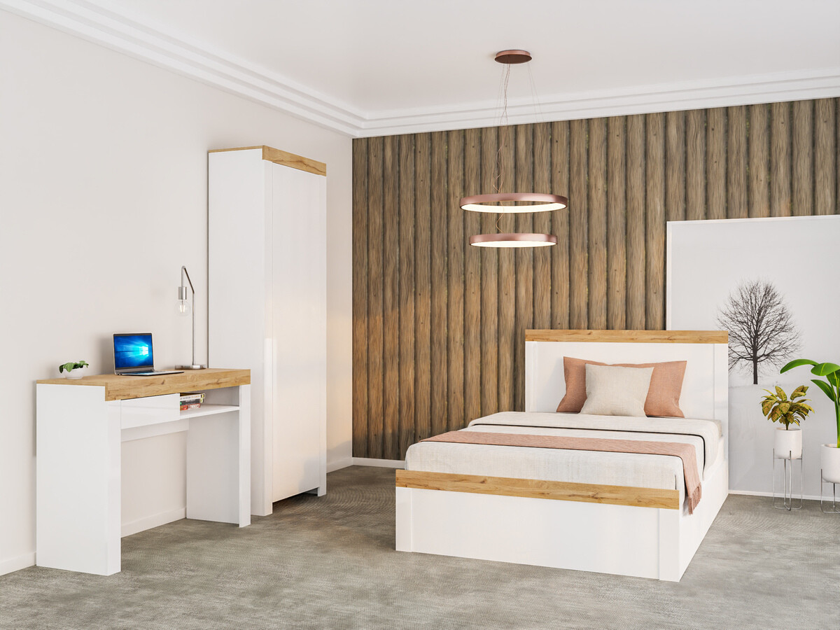 Bed Sonsoru 115 (Wit + Glanzend wit + Wotan eik)