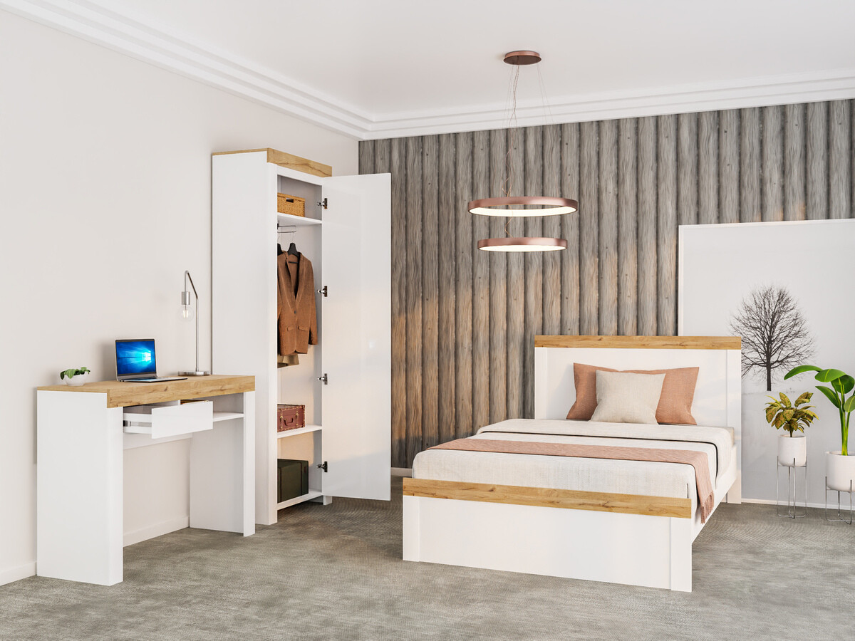 Bed Sonsoru 115 (Wit + Glanzend wit + Wotan eik)