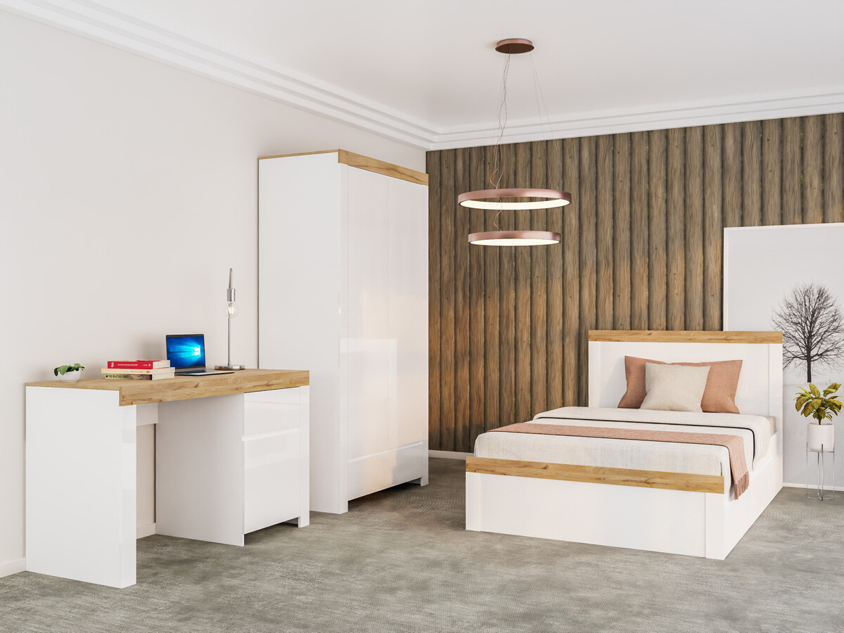 Bed Sonsoru 115 (Wit + Glanzend wit + Wotan eik)