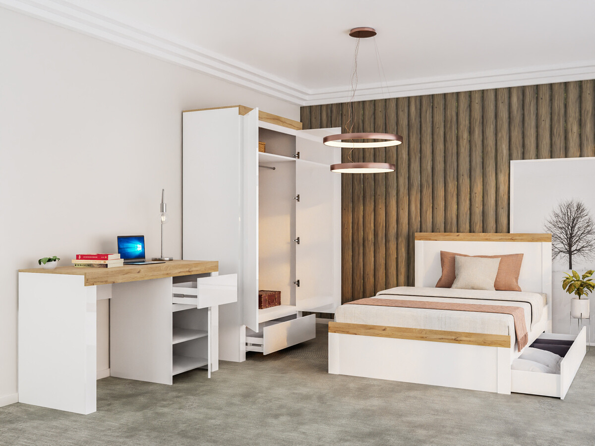 Bed Sonsoru 115 (Wit + Glanzend wit + Wotan eik)