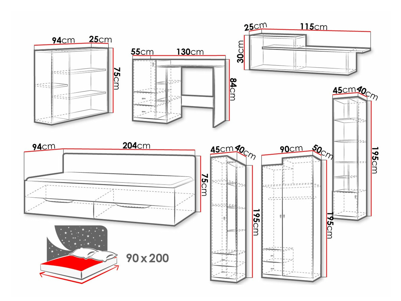 De reeks van de kinderkamer Omaha F128 (Grafiet + Grijs)