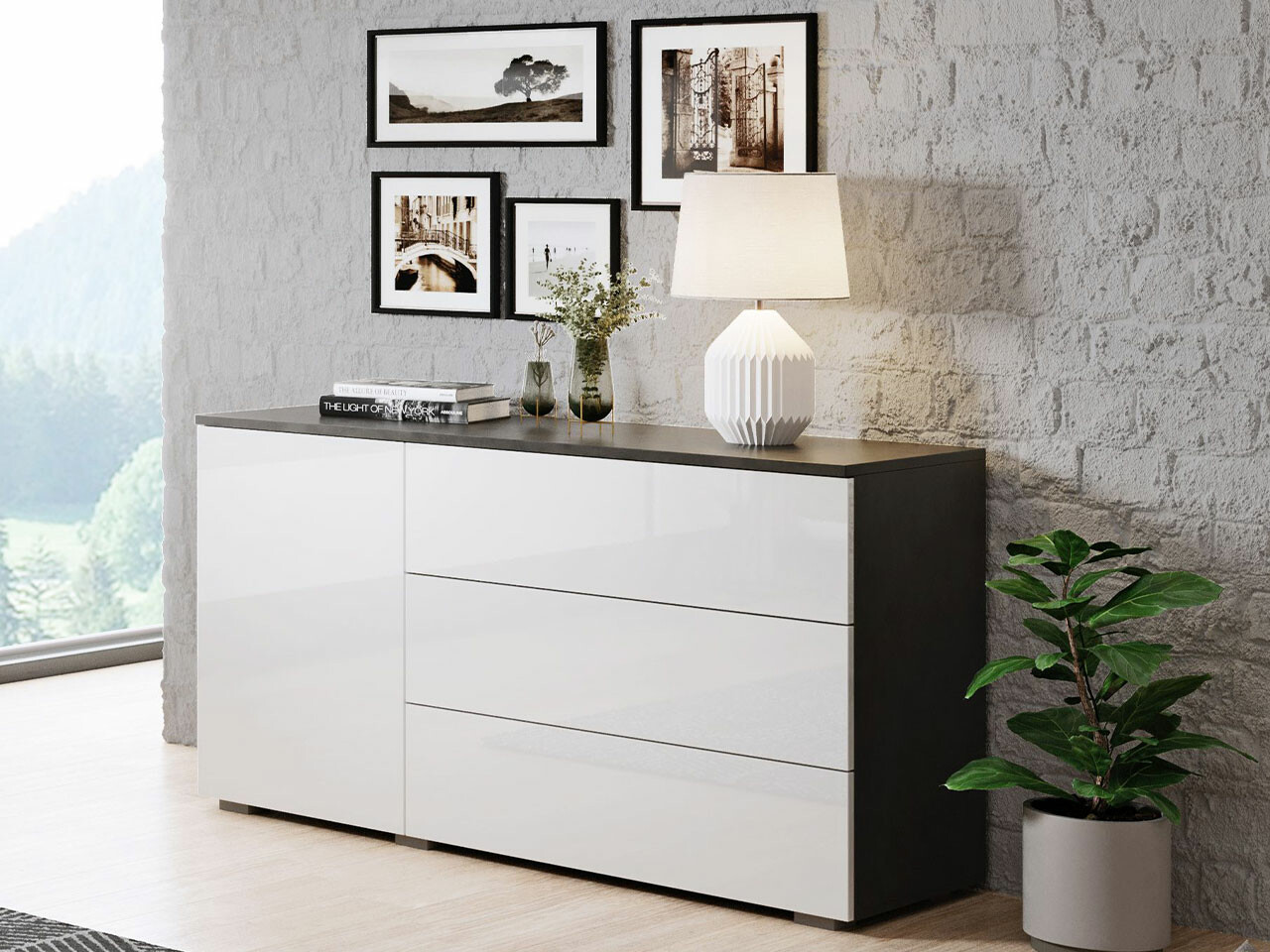 Ladekast Sarasota 128 (Donkergrijs + Glanzend wit)