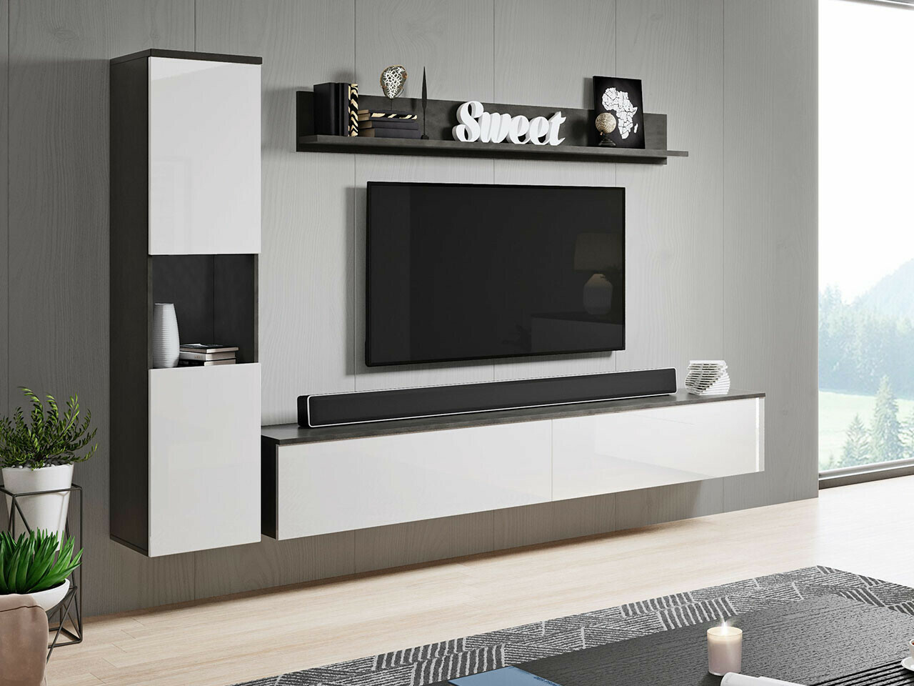 Woonkamerset Sarasota 130 (Donkergrijs + Glanzend wit)