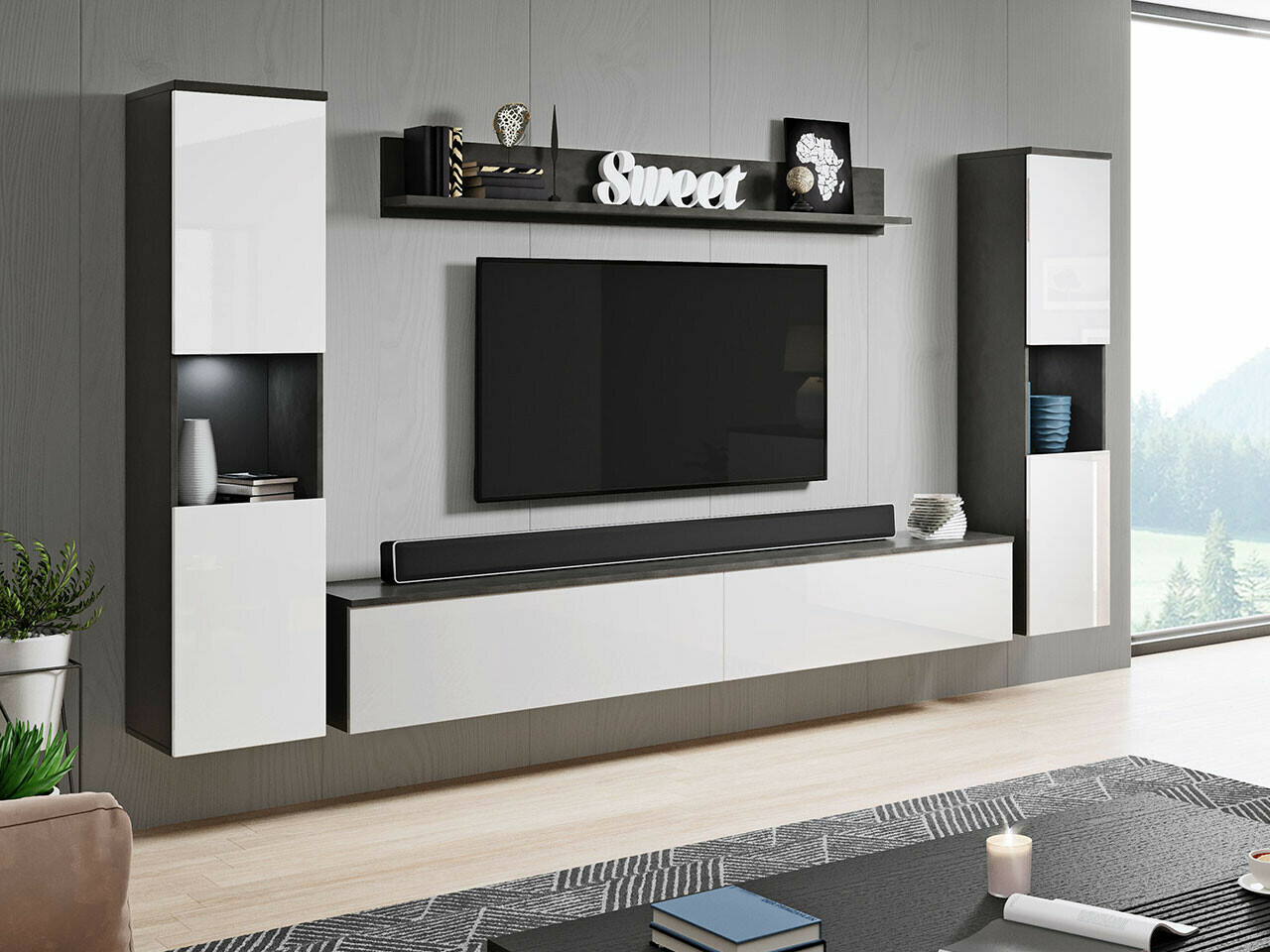 Woonkamerset Sarasota 131 (Donkergrijs + Glanzend wit)