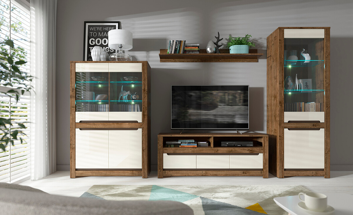 TV-meubel Ophevaru 108 (Glanzend crème + April eiken)