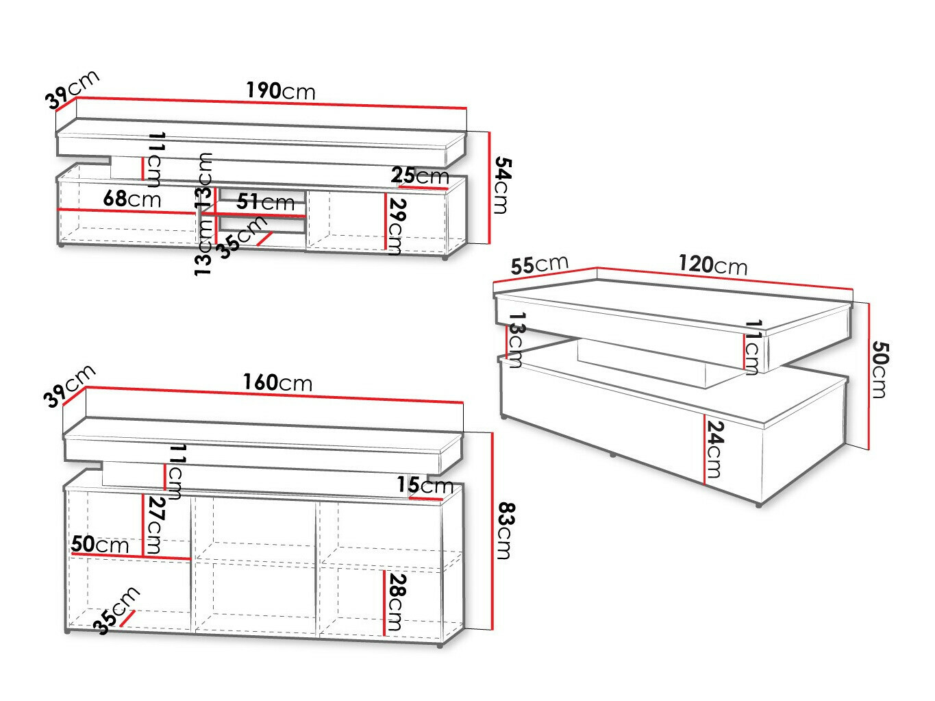 Woonkamerset Monfero (Zwart + Glanzend zwart)