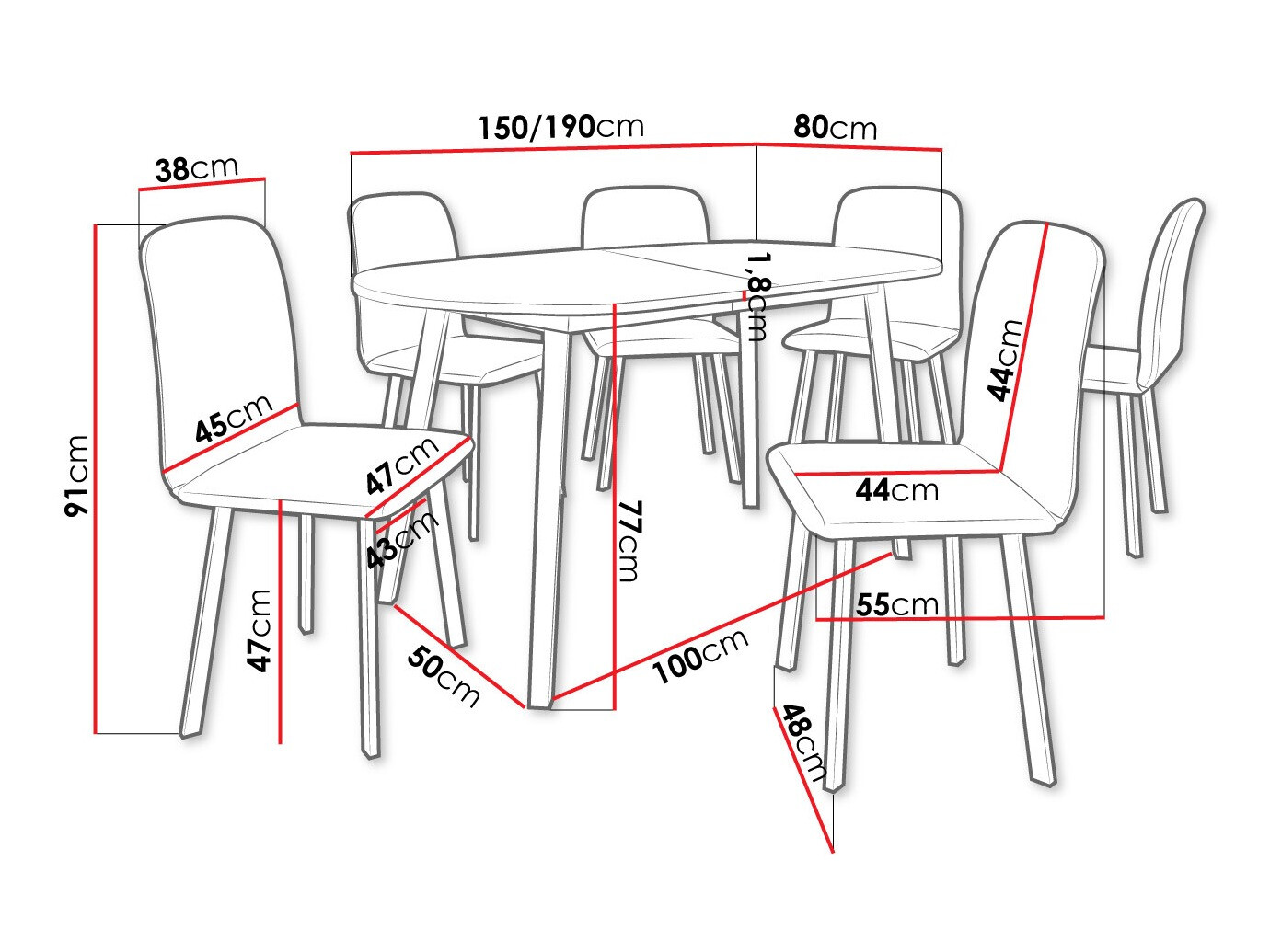 Eetkamerset Edmond 121 (Grijs marmer + Zwart)