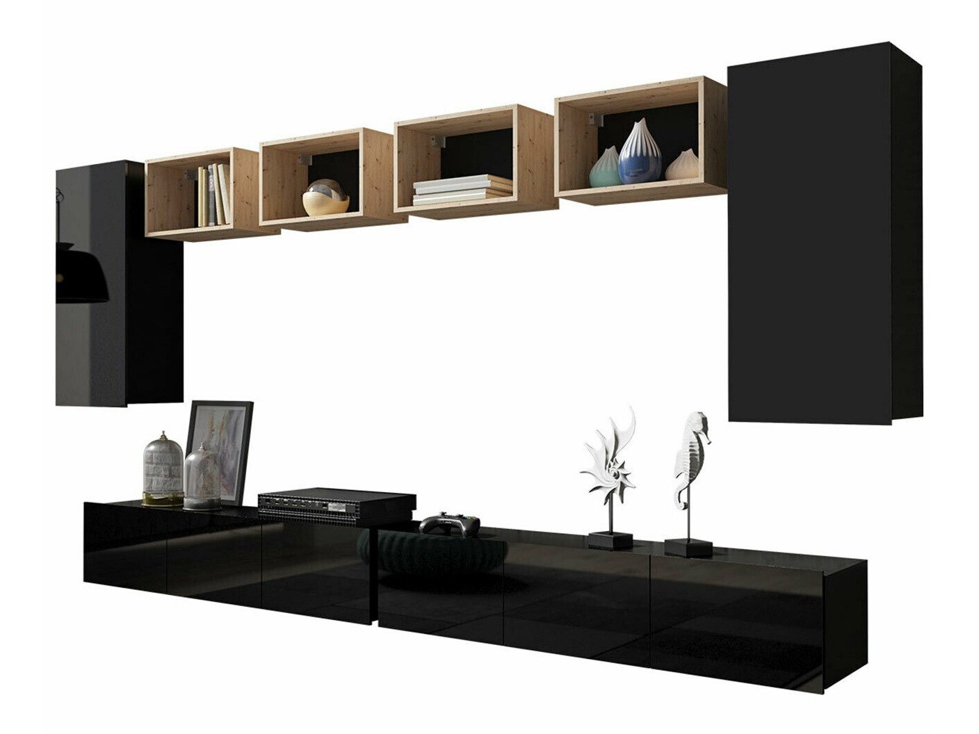 Woonkamerset Tivdalu 155 (Zwart + Glanzend zwart + Artisan eiken)