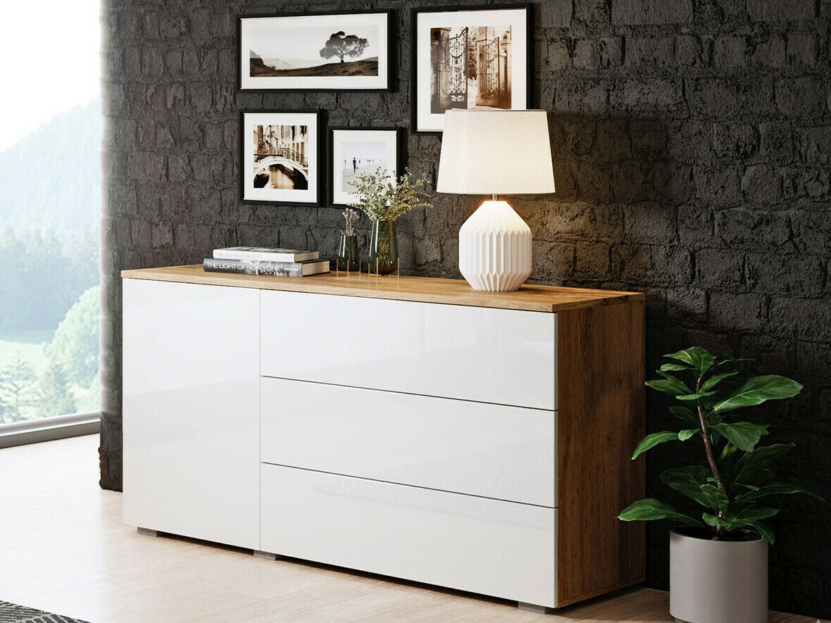 Ladekast Sarasota 128 (Wotan eik + Glanzend wit)