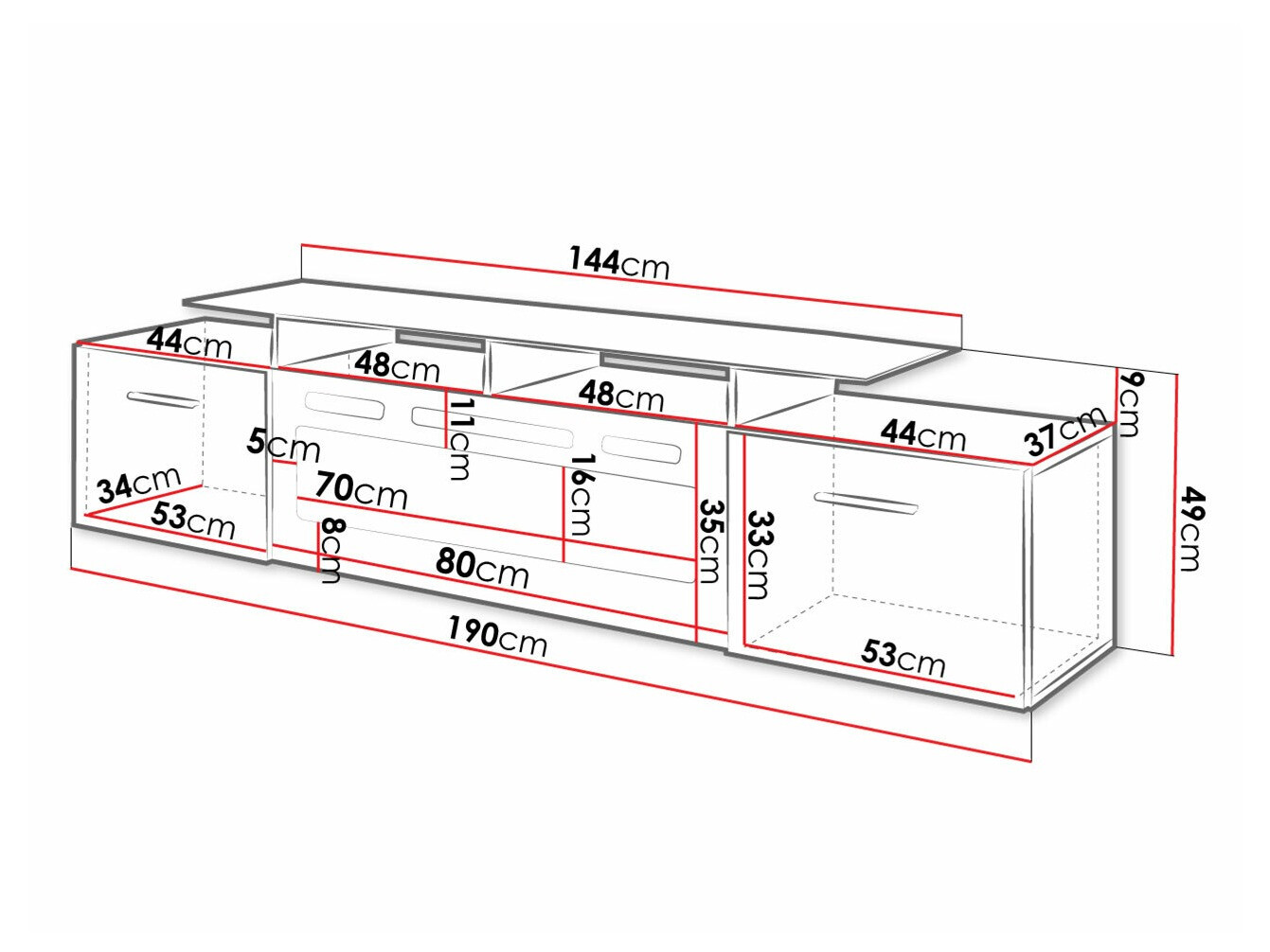 TV-meubel Charlotte 155 (Zwart + Glanzend zwart)
