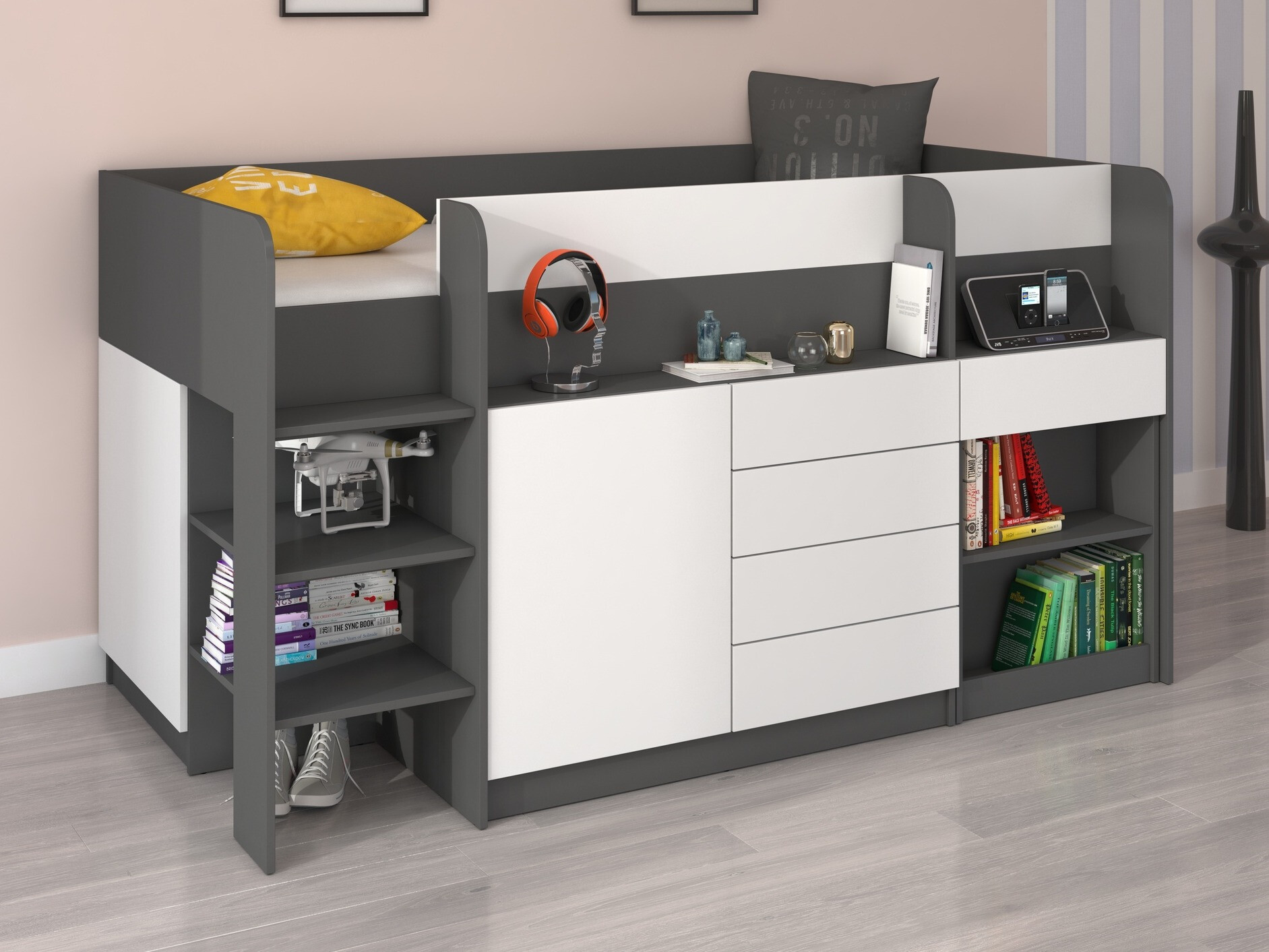 Hoog bed Gilroy 116 (Grafiet + Wit)