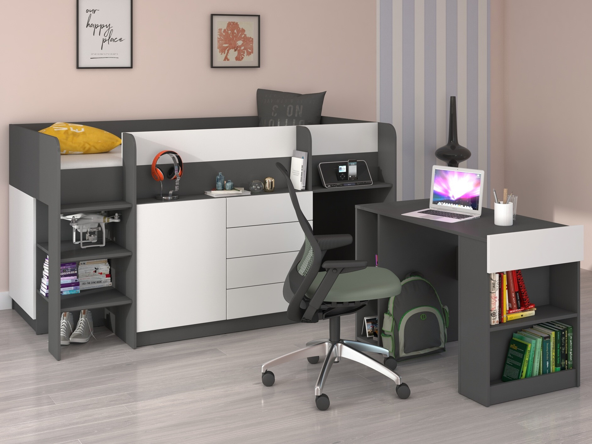 Hoog bed Gilroy 116 (Grafiet + Wit)