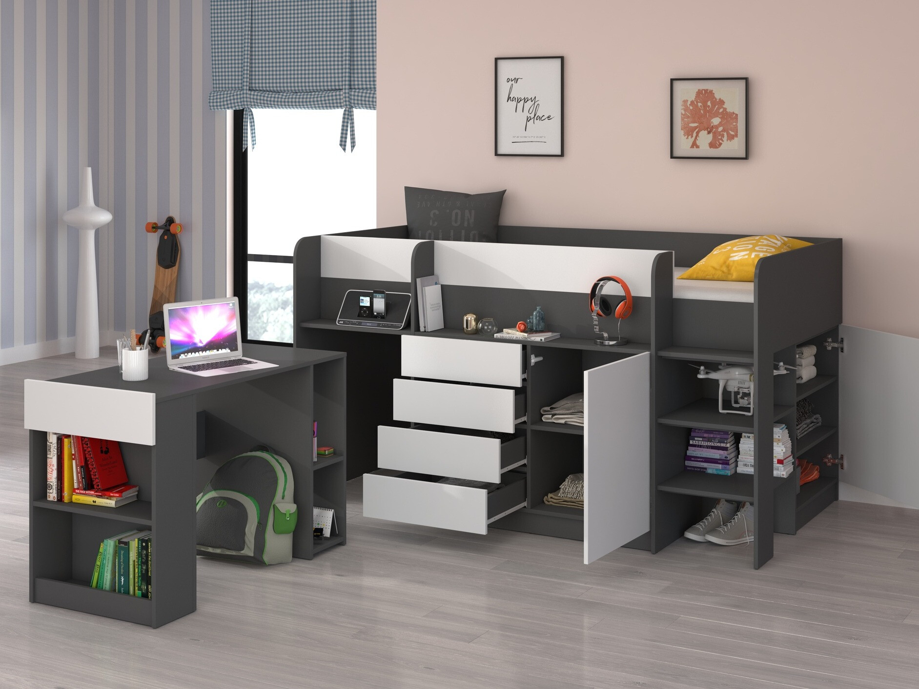 Hoog bed Gilroy 116 (Grafiet + Wit)