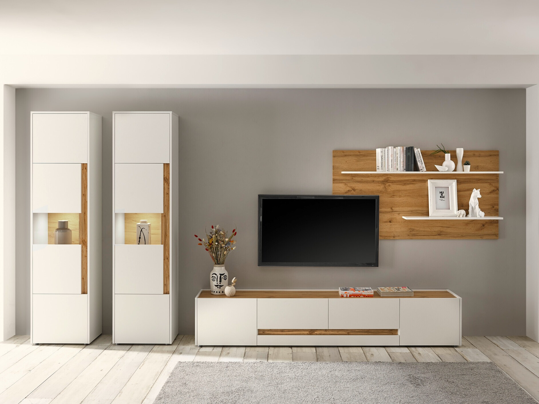 Woonkamerset Elbsori 132 (Wit + Wotan eik)