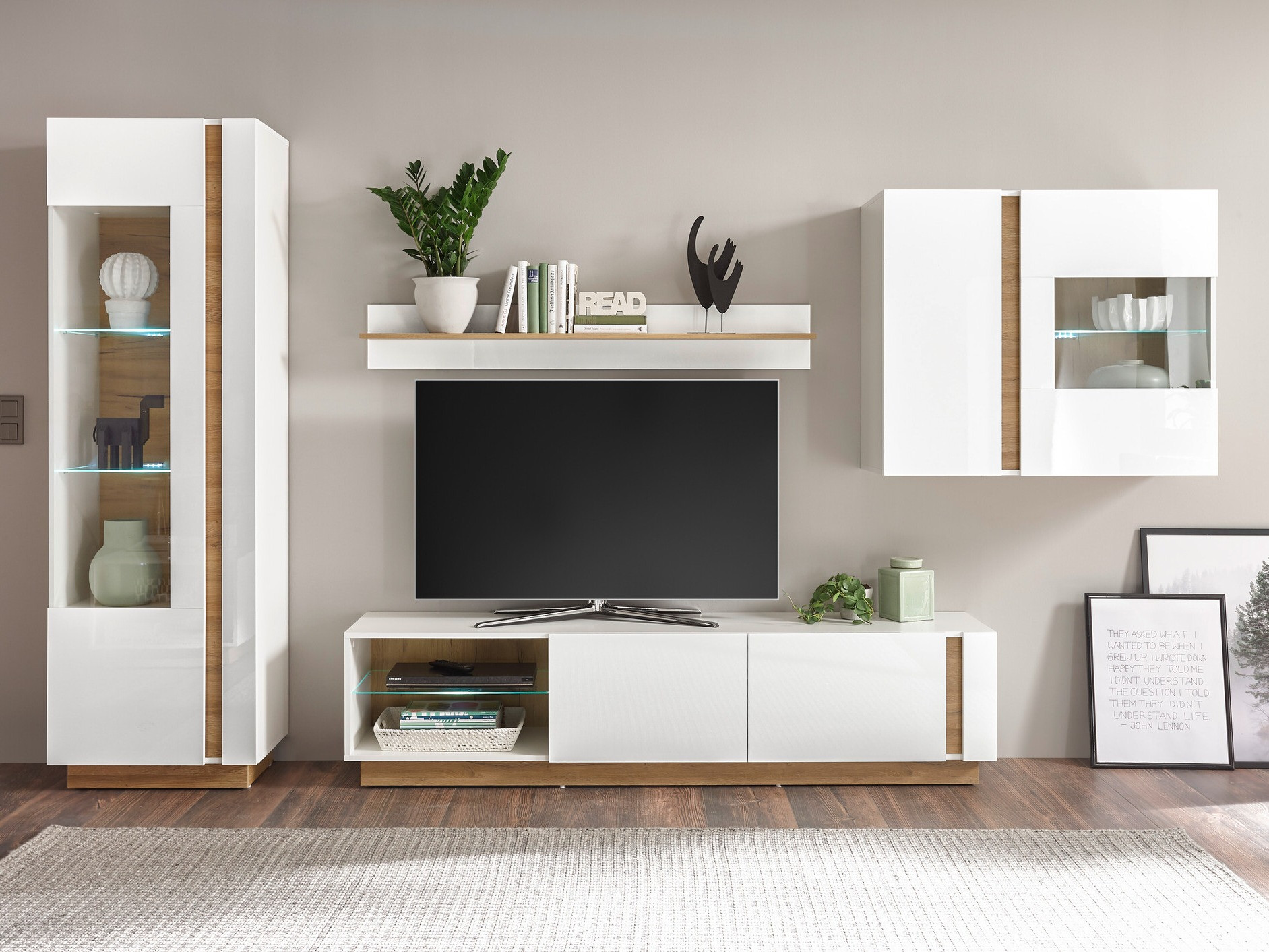 Woonkamerset Veropho 113 (Glanzend wit + Kleinzoon eik)