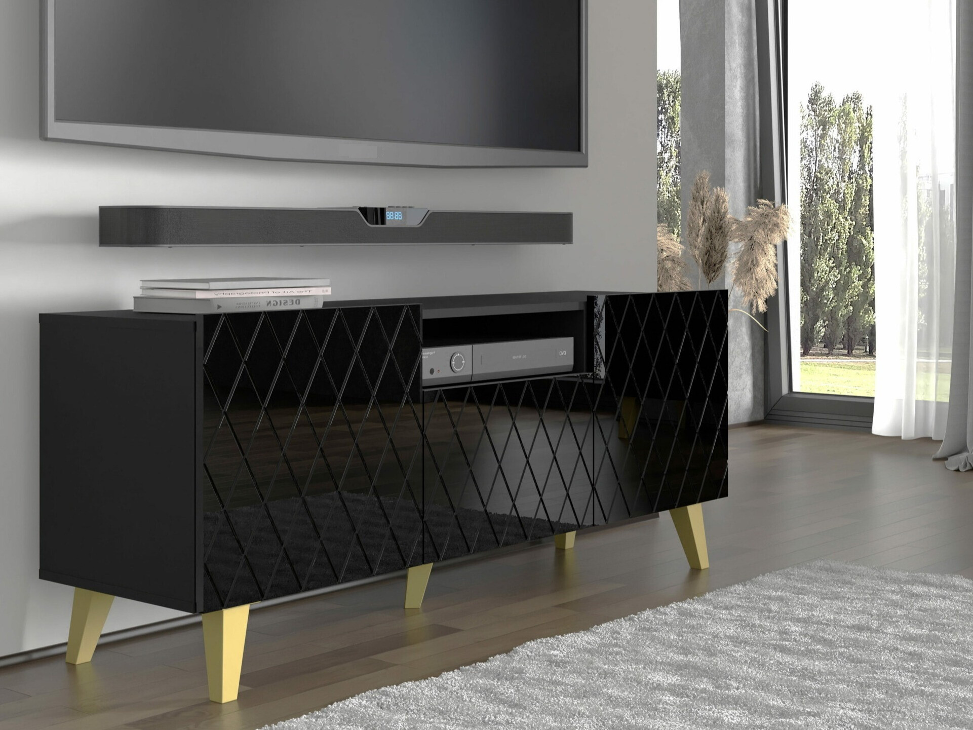 TV-meubel Melmoro 105 (Glanzend zwart + Gouden)