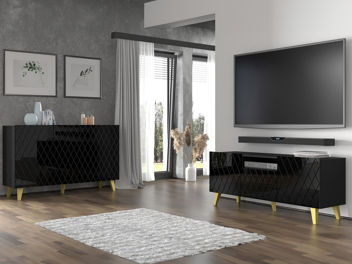 TV-meubel Melmoro 105 (Glanzend zwart + Gouden)