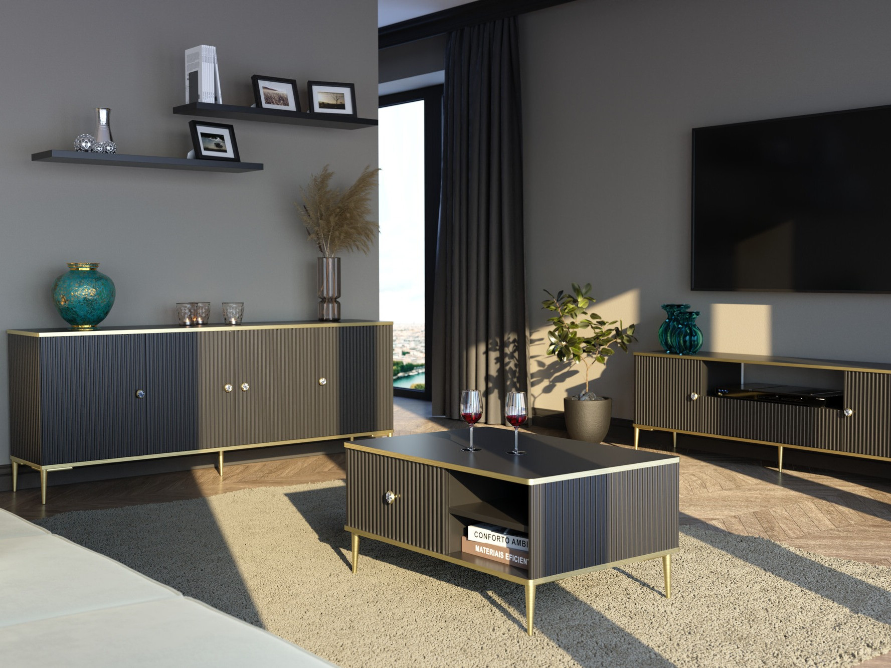 Dressoir Romciro 101 (Zwart + Gouden)