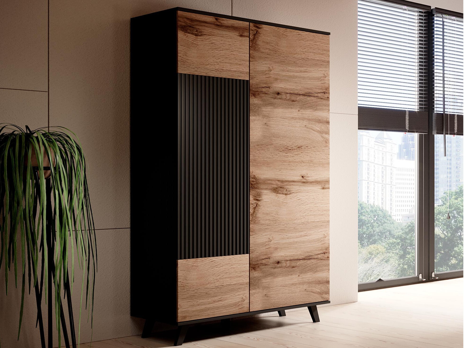 Kledingkast Luelia 113 (Zwart + Wotan eik)