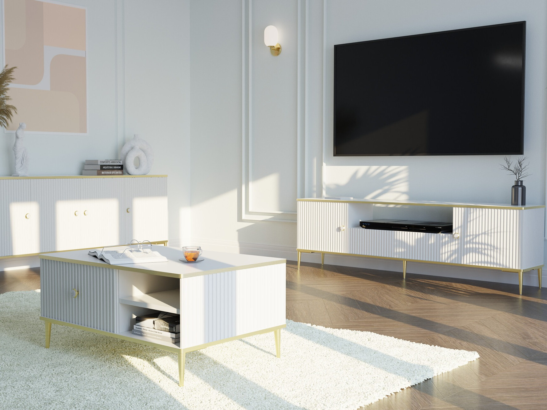 TV-meubel Romciro 100 (Wit + Gouden)