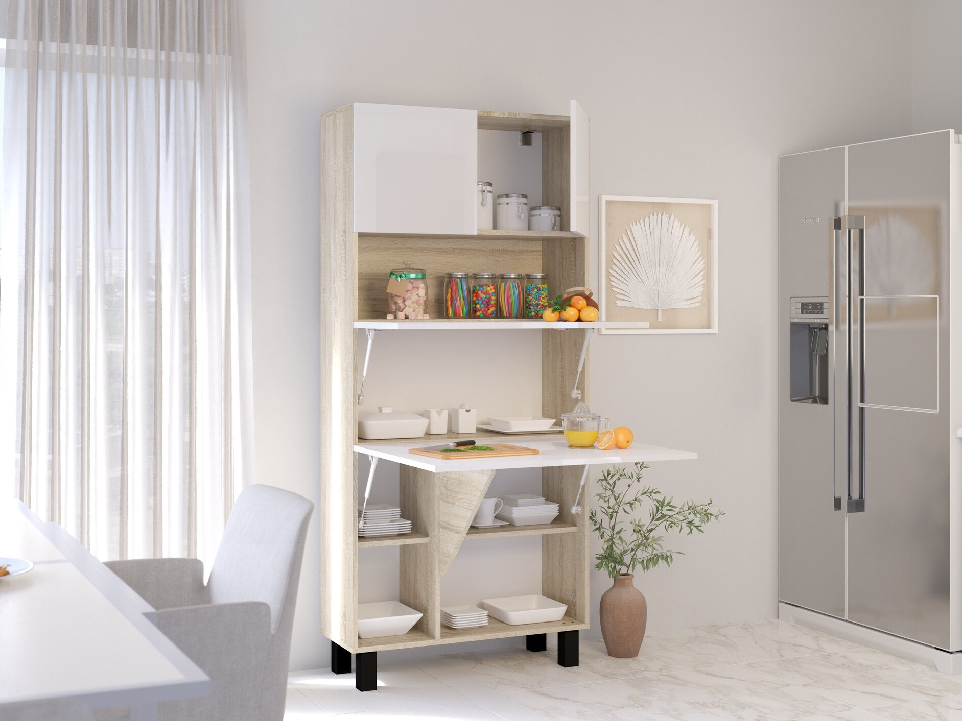 Boekenkast Buffalo 145 (Glanzend wit + Sonoma eik)