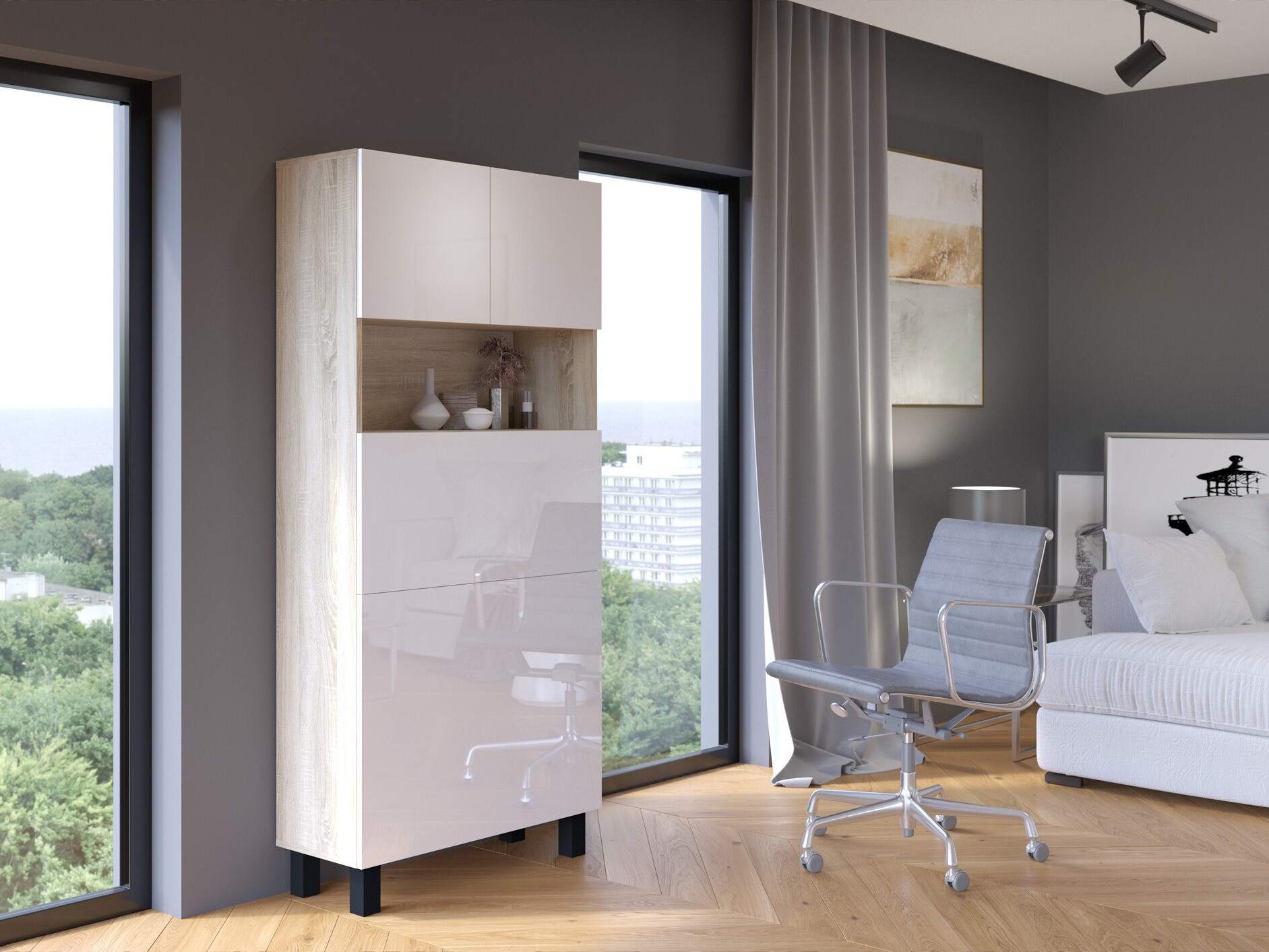 Boekenkast Buffalo 145 (Glanzend wit + Sonoma eik)