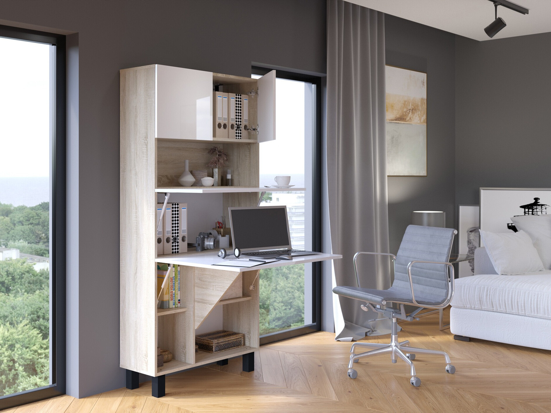 Boekenkast Buffalo 145 (Glanzend wit + Sonoma eik)