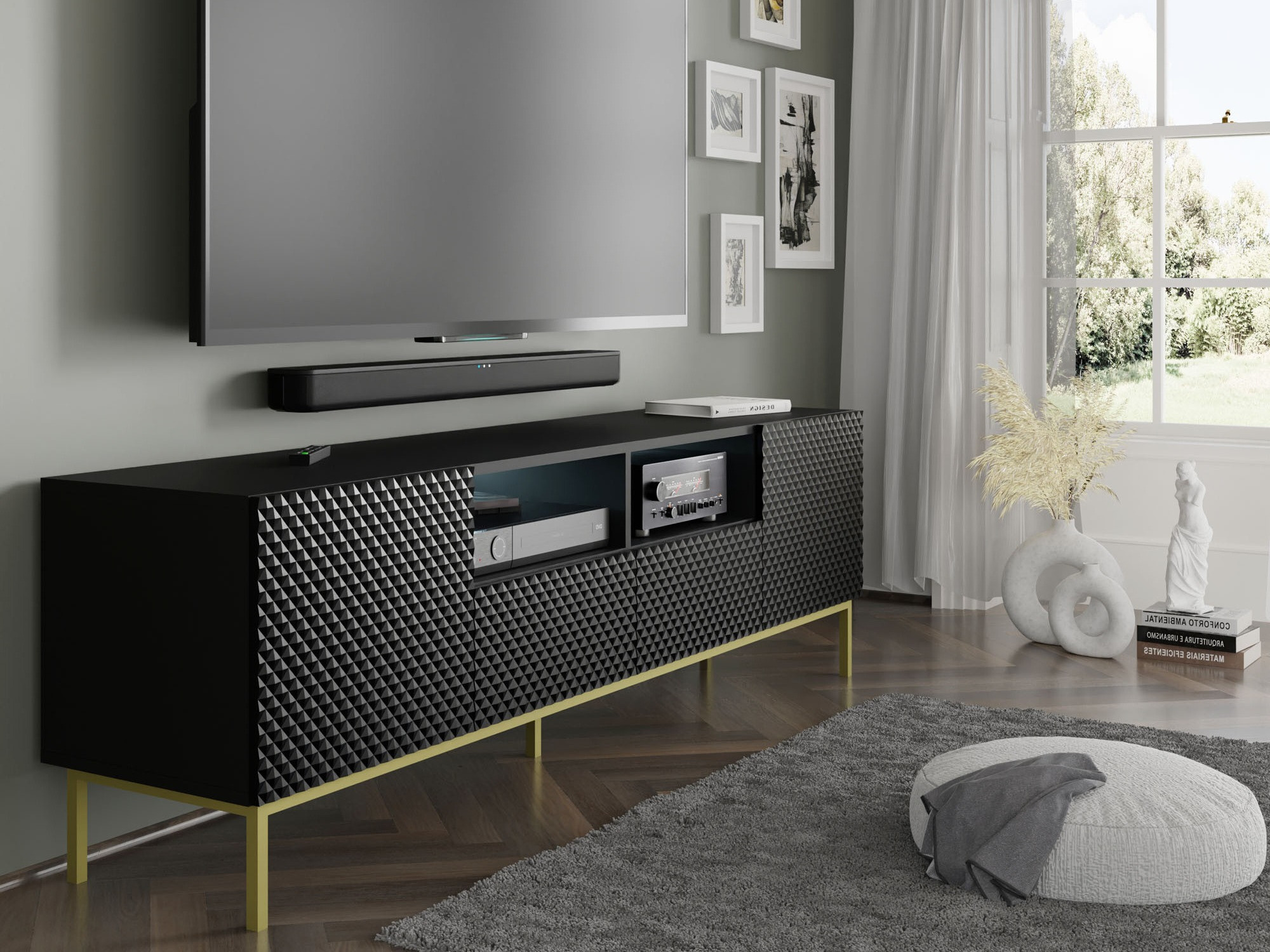 TV-meubel Buffalo 158 (Zwart + Glanzend zwart)