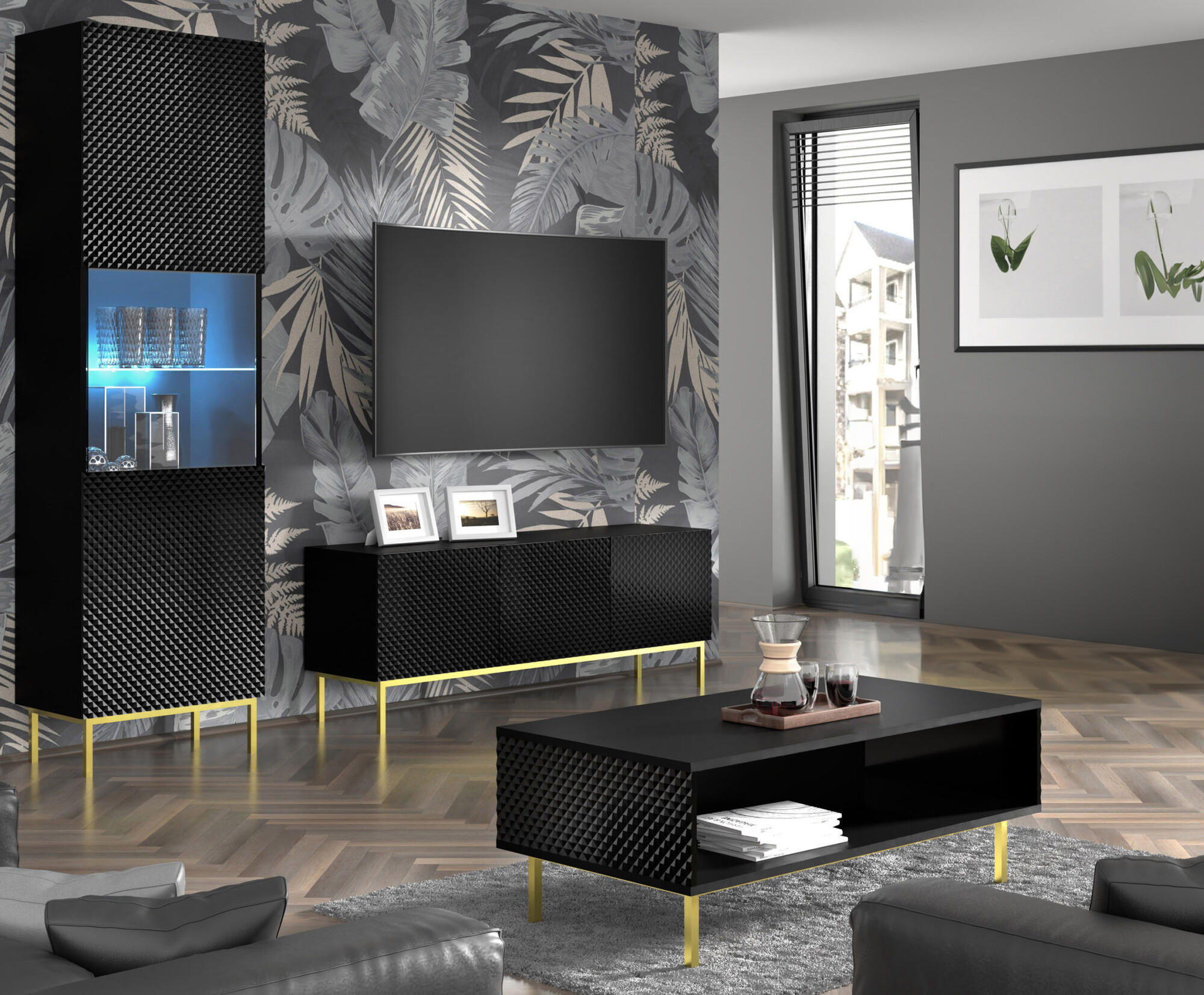 TV-meubel Odelomu 101 (Zwart + Glanzend zwart)