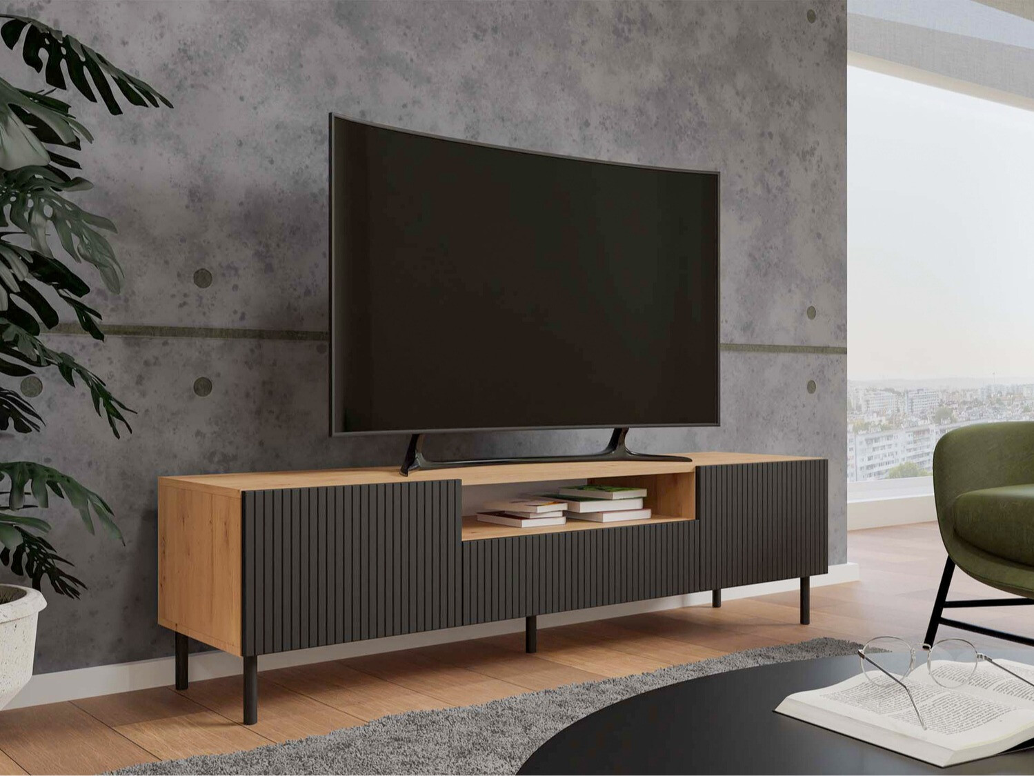 TV-meubel Romseru 105 (Zwart + Artisan eiken)