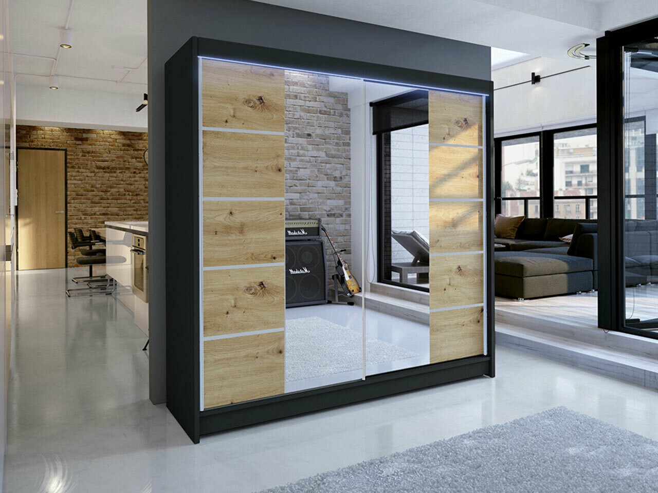 Kledingkast Closico 154 (Zwart + Artisan eiken)