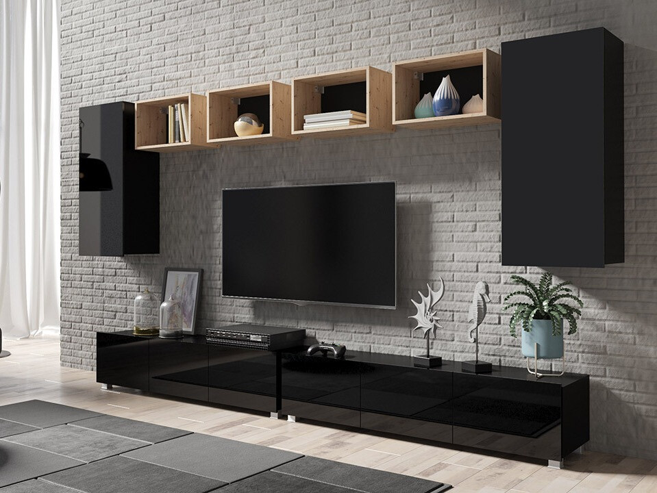 Woonkamerset Tivdalu 155 (Zwart + Glanzend zwart + Artisan eiken)