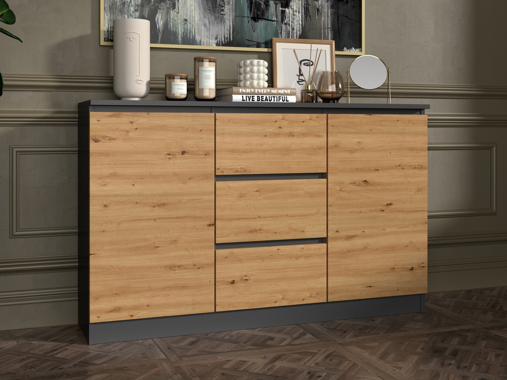 Ladekast Elbvelu 112 (Antraciet + Artisan eiken)